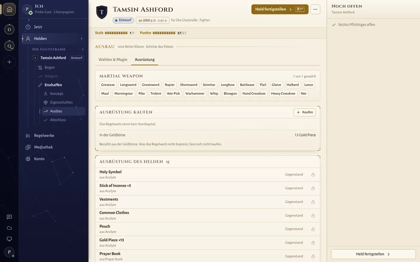 Der Reiter Ausrüstung mit Waffenwahl, Einkauf und der Ausrüstung des Helden