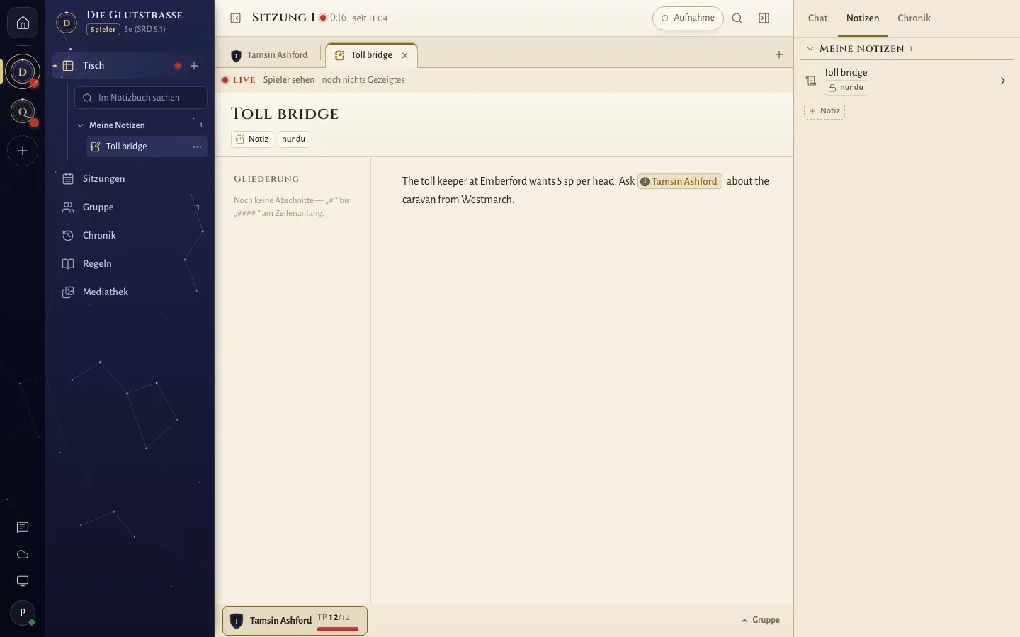 Eine Notiz „Toll bridge“ mit Verweis auf Tamsin Ashford, links und rechts unter Meine Notizen